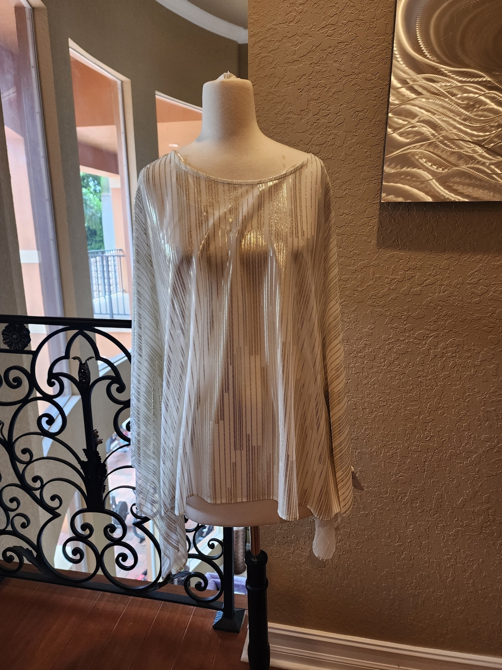MSK Cream Sheer Top with Silver Metallic Stripes